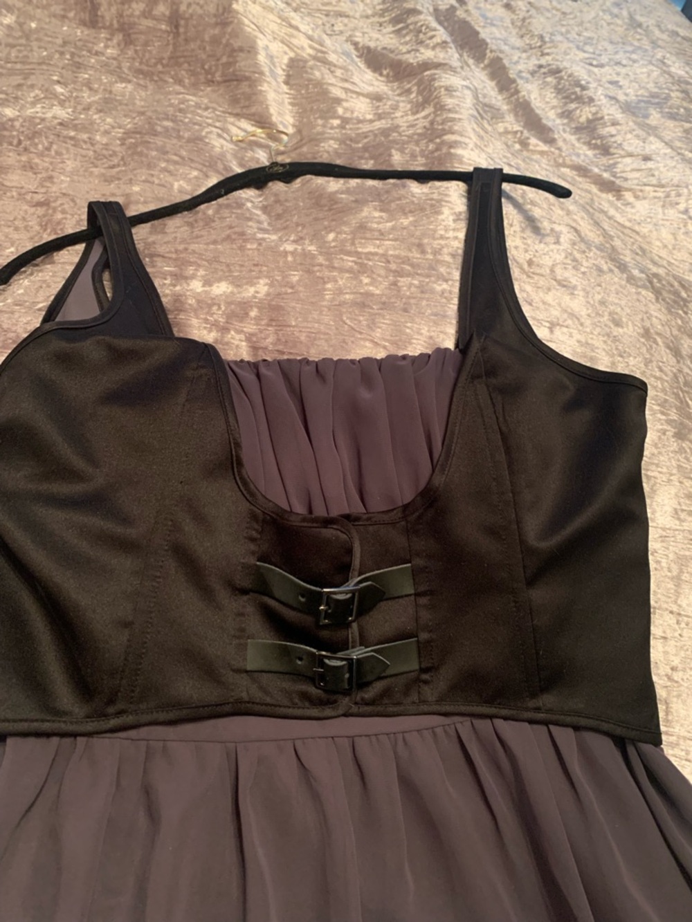 Boston Proper Charcoal Gray Chiffon Blouse with Black Trim
